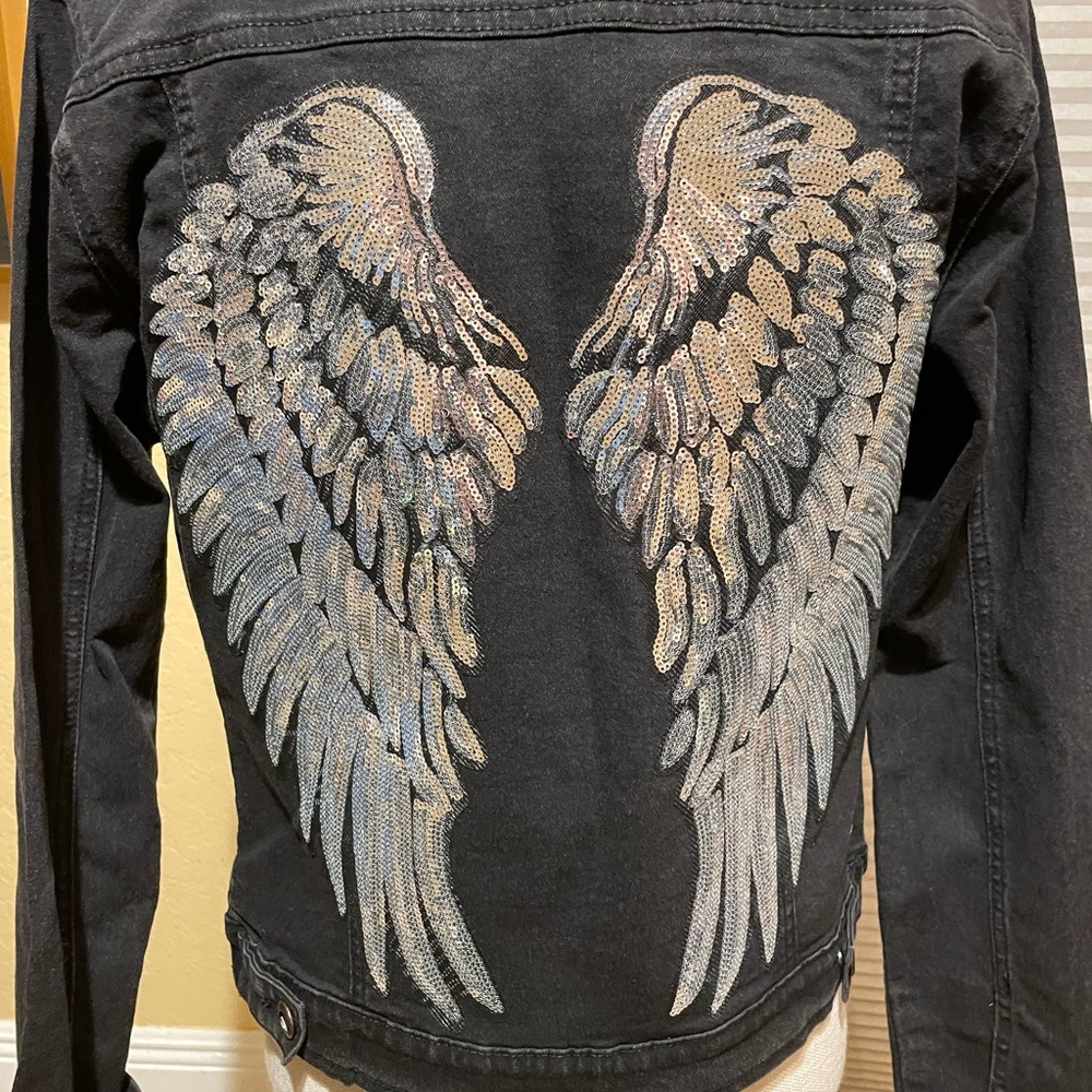 Black denim Jacket with large silver Angels sequined wings